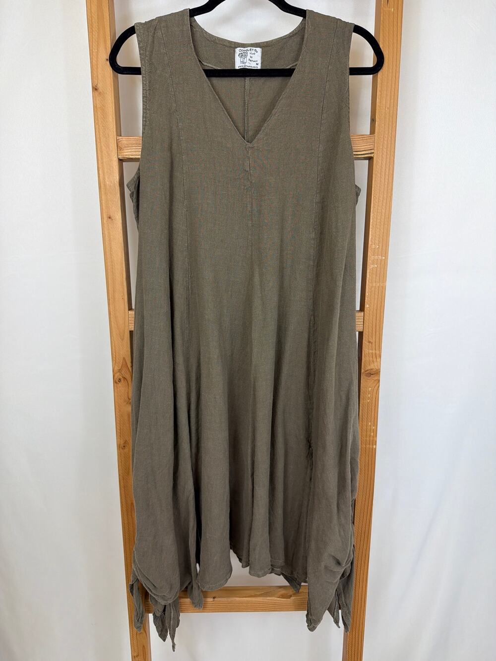 NWT Completo Lino by Arthurio Brown V-Neck Stitch Detail Linen Maxi Dress Medium
